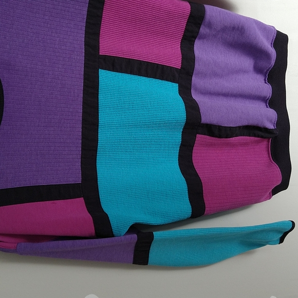 Vintage 80's Retro Purple, Pink, & Turquoise With Black Trim Color-Block Sweater - Picture 5 of 8